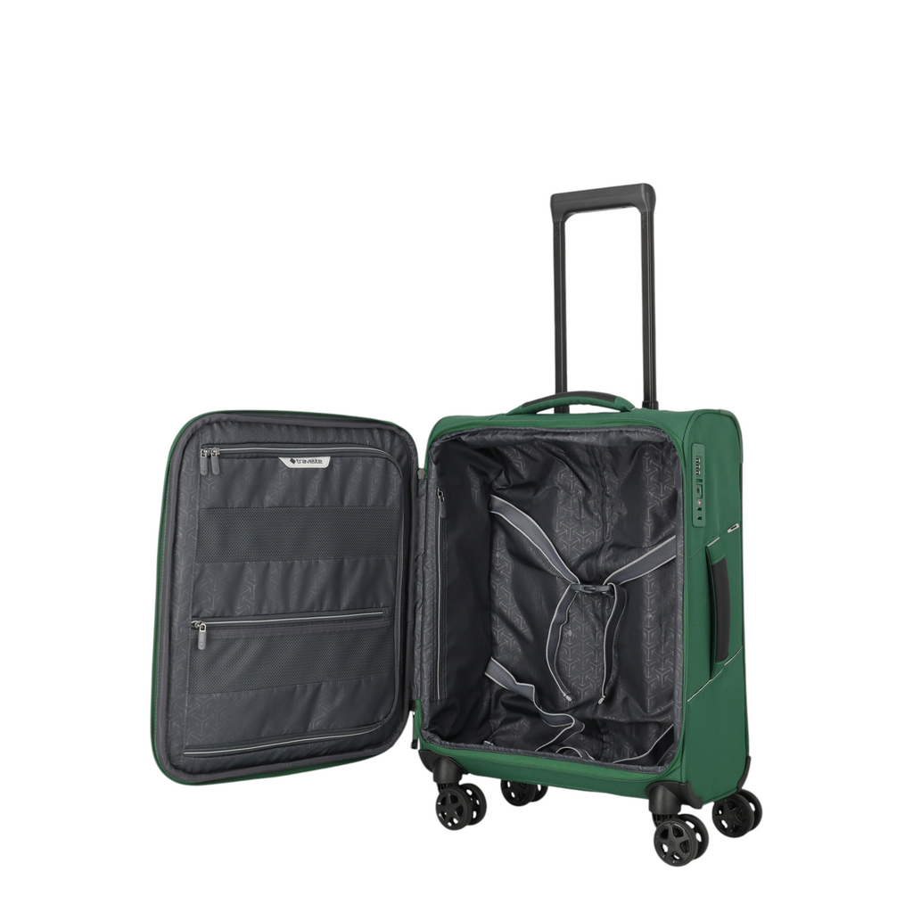 Lieblingstasche Skaii Trolley 4W S in green with open interior, featuring packing straps and mesh pockets.