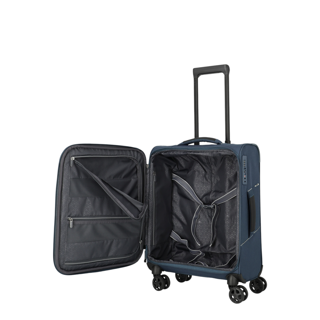 Lieblingstasche Skaii Trolley 4W S in dark blue with open interior, featuring packing straps and mesh compartments.