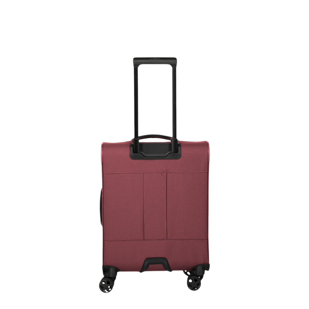 Lieblingstasche Skaii Trolley 4W S in dark red with a telescopic handle and four spinner wheels, back view.