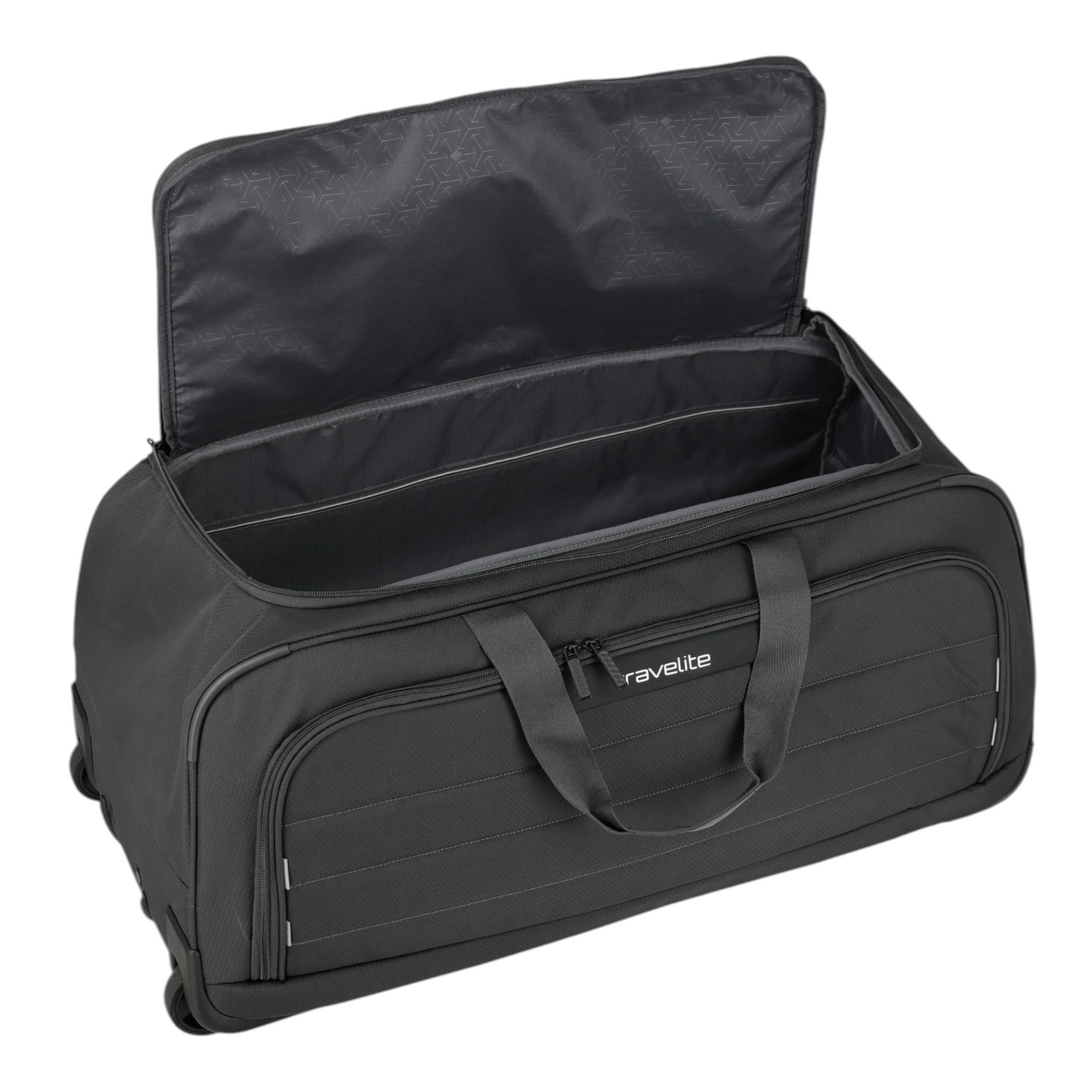 Lieblingstasche Skaii wheeled duffle bag in black with an open main compartment and durable fabric construction.