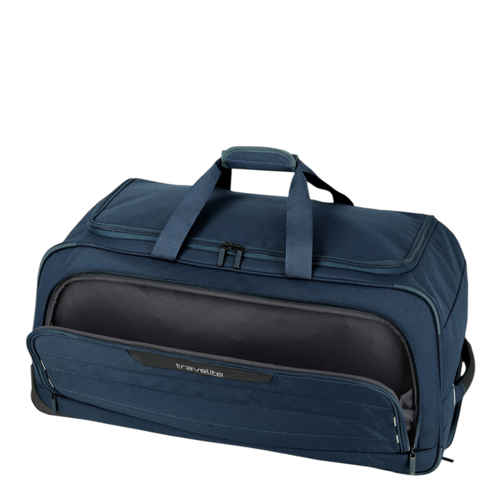 Lieblingstasche Skaii Wheeled Duffle M in navy blue with a front zippered pocket and durable travel construction