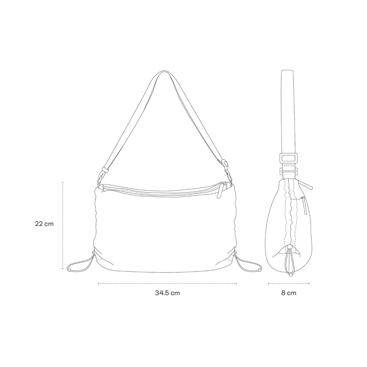 Lieblingstasche Skara Small shoulder bag technical line drawing with dimensions showing front and side profile views