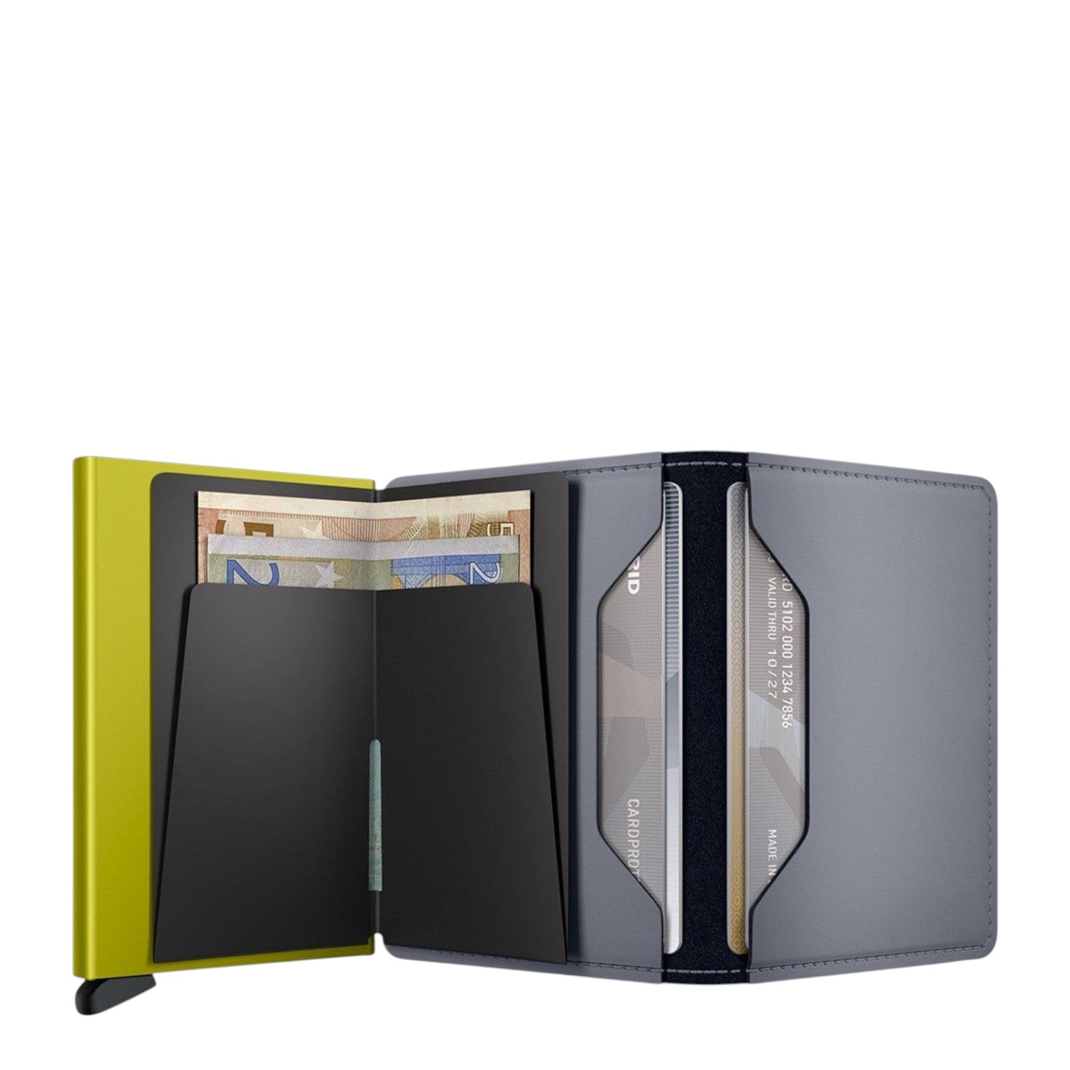 Lieblingstasche Secrid Slimwallet in matte lime green and grey leather with RFID-protected card holder mechanism