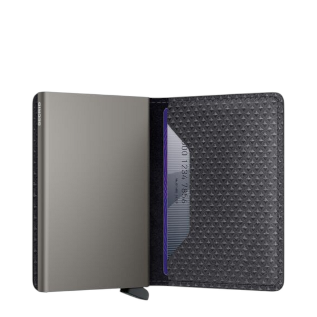 Lieblingstasche Slimwallet Pyramid featuring a grey metallic card case and black textured leather interior