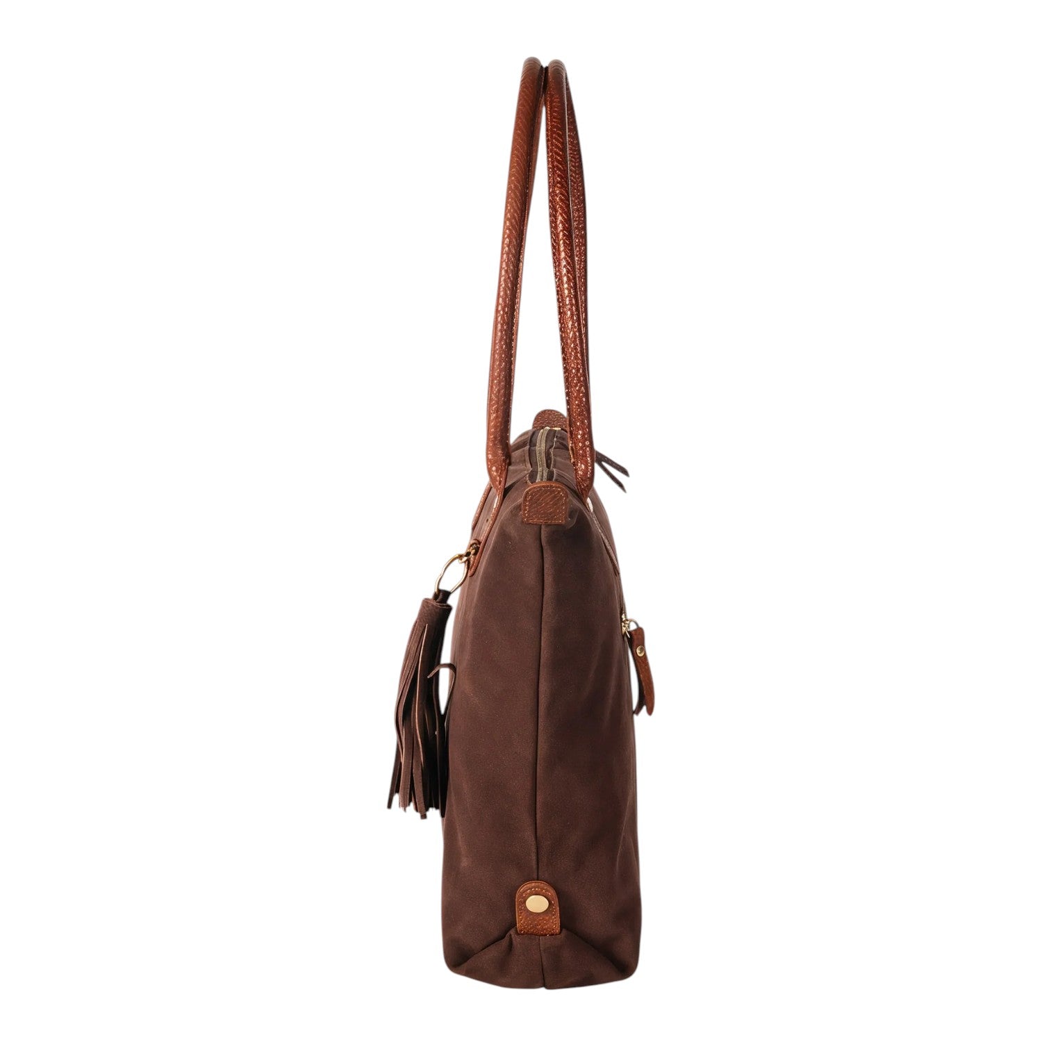 Lieblingstasche Sofia L brown canvas tote bag with braided leather handles and tassel detail.