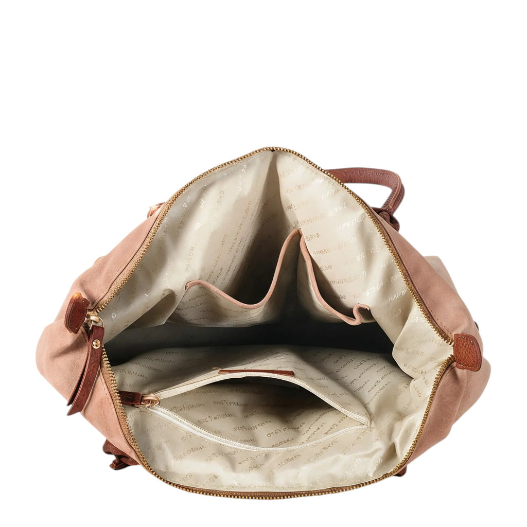 Lieblingstasche Sofia L dusty rose suede tote bag with brown leather handles and multiple interior pockets.