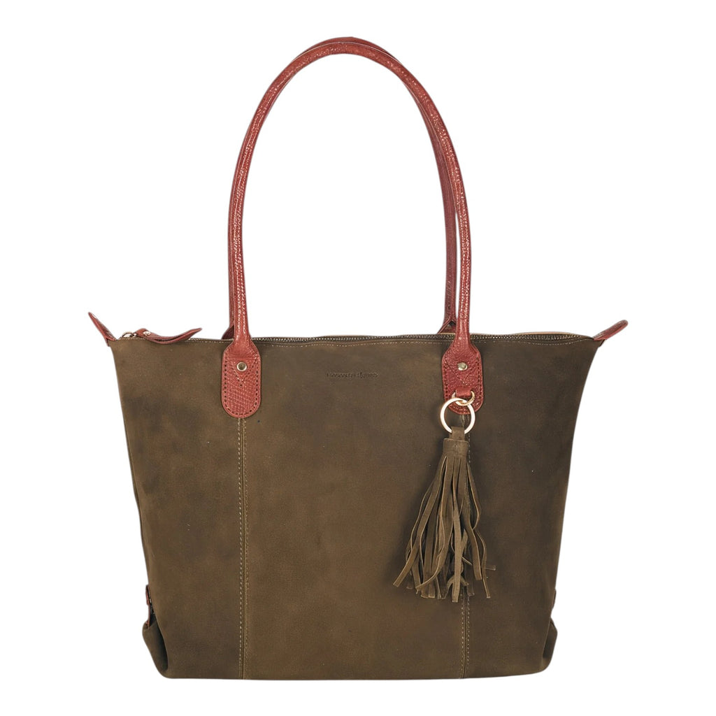 Lieblingstasche Sofia L olive green suede tote bag with red textured leather handles and tassel detail.