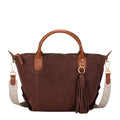 Lieblingstasche Sofia M dark brown suede tote bag with leather handles and tassel detail.