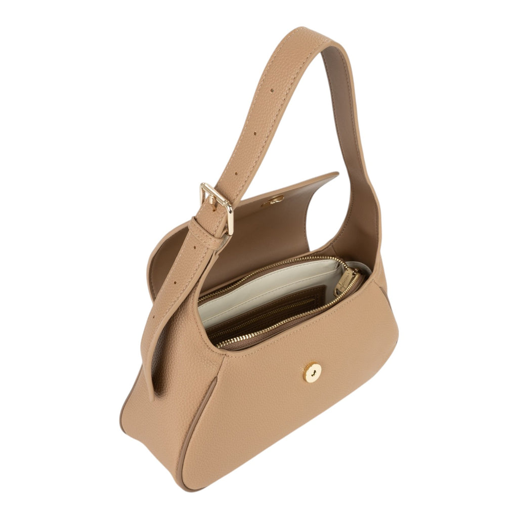 Lieblingstasche Daphne Re flap bag in tan pebbled leather with gold hardware and adjustable strap.