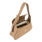 Lieblingstasche Daphne Re flap bag in tan pebbled leather with gold hardware and adjustable strap.