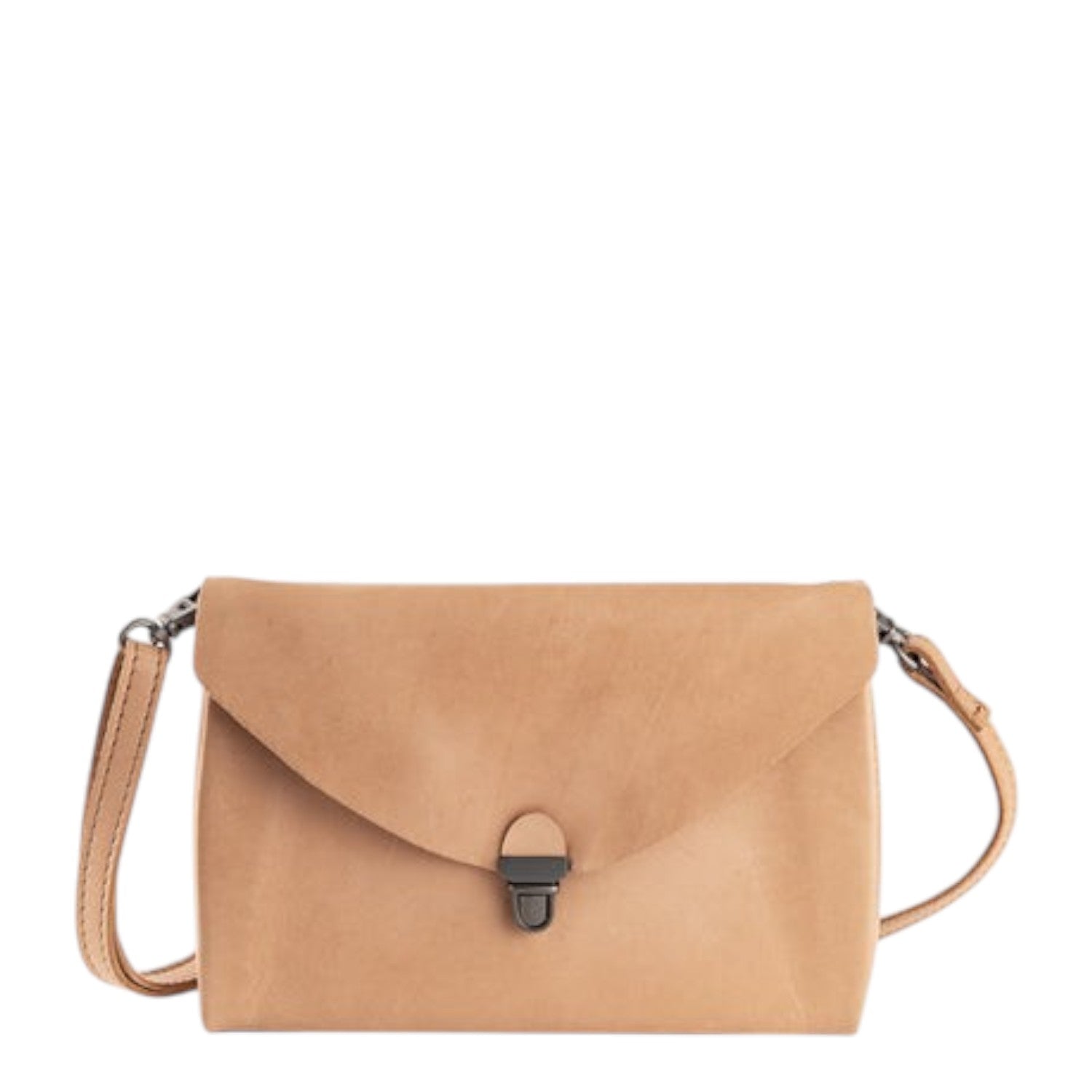 Lieblingstasche tan leather fold handbag clutch with turn-lock closure and adjustable strap.