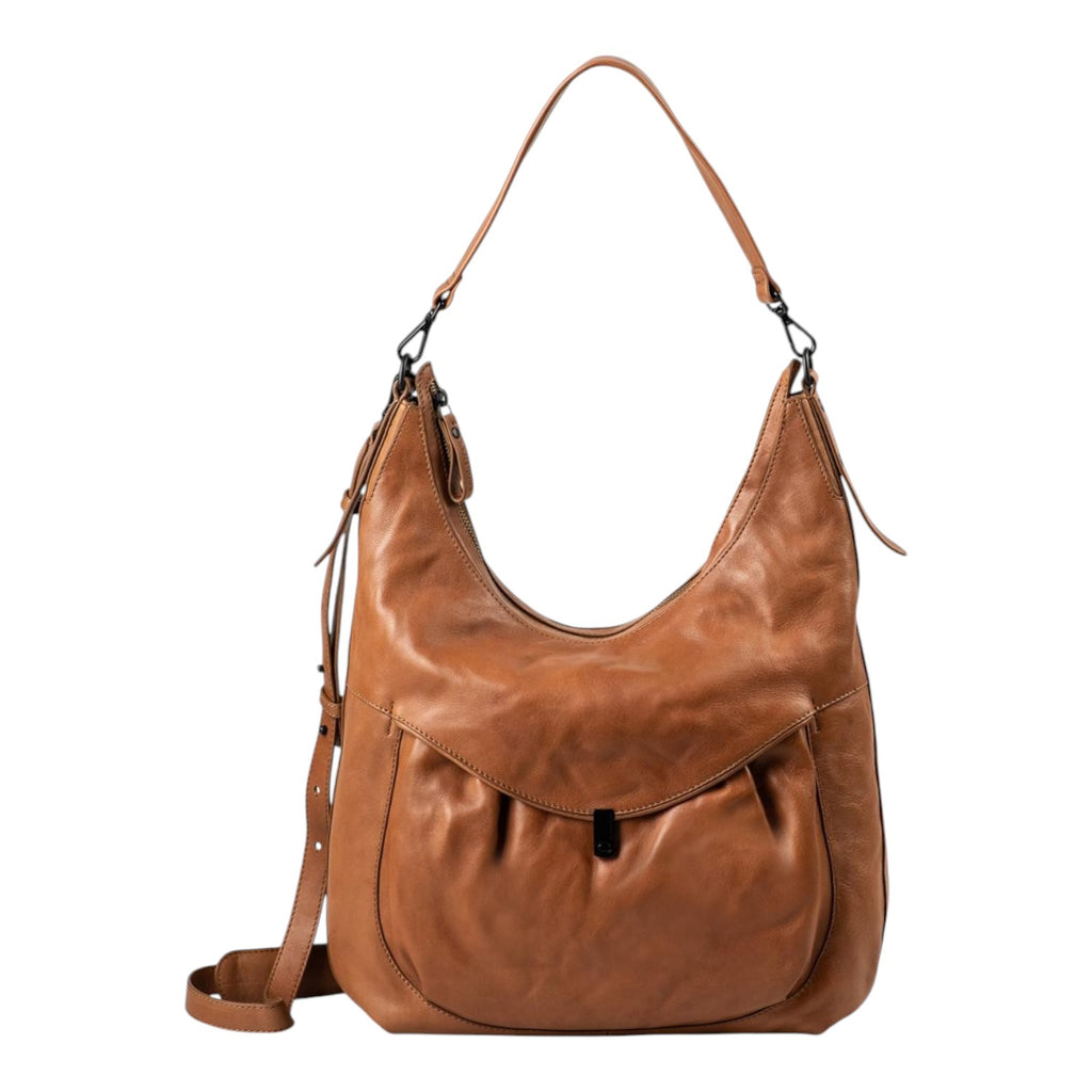 Lieblingstasche Mrs. Banoffee Pie hobo bag in tan leather with a slouchy silhouette and front pocket detail.