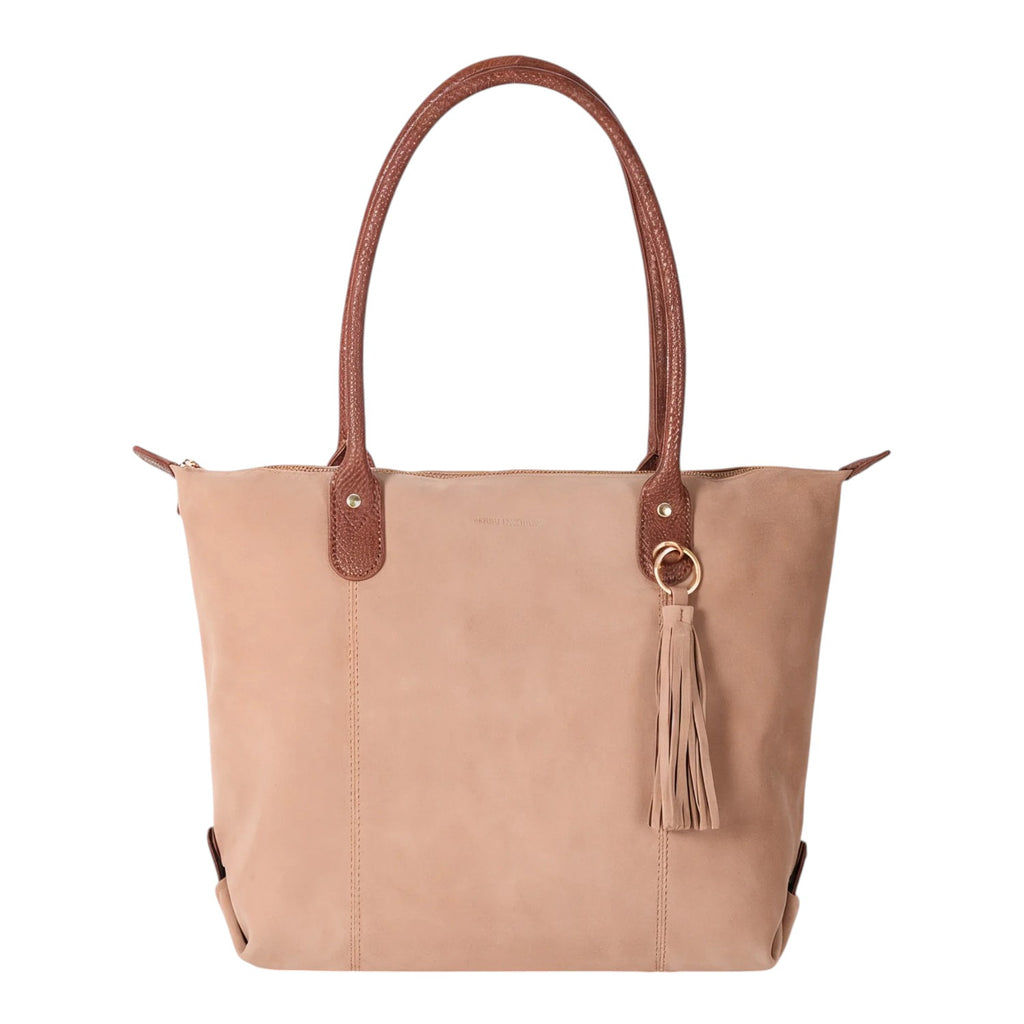 Lieblingstasche Sofia L tote bag in tan suede with brown leather handles and a tassel charm.