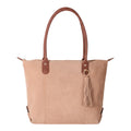 Lieblingstasche Sofia L tote bag in tan suede with brown leather handles and a tassel charm.