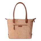Lieblingstasche Sofia L tan suede tote bag with brown leather trim and handles, featuring a front zip pocket and gold-tone hardware.