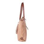 Lieblingstasche Sofia L tote bag in tan suede with brown leather braided handles and tassel detail.