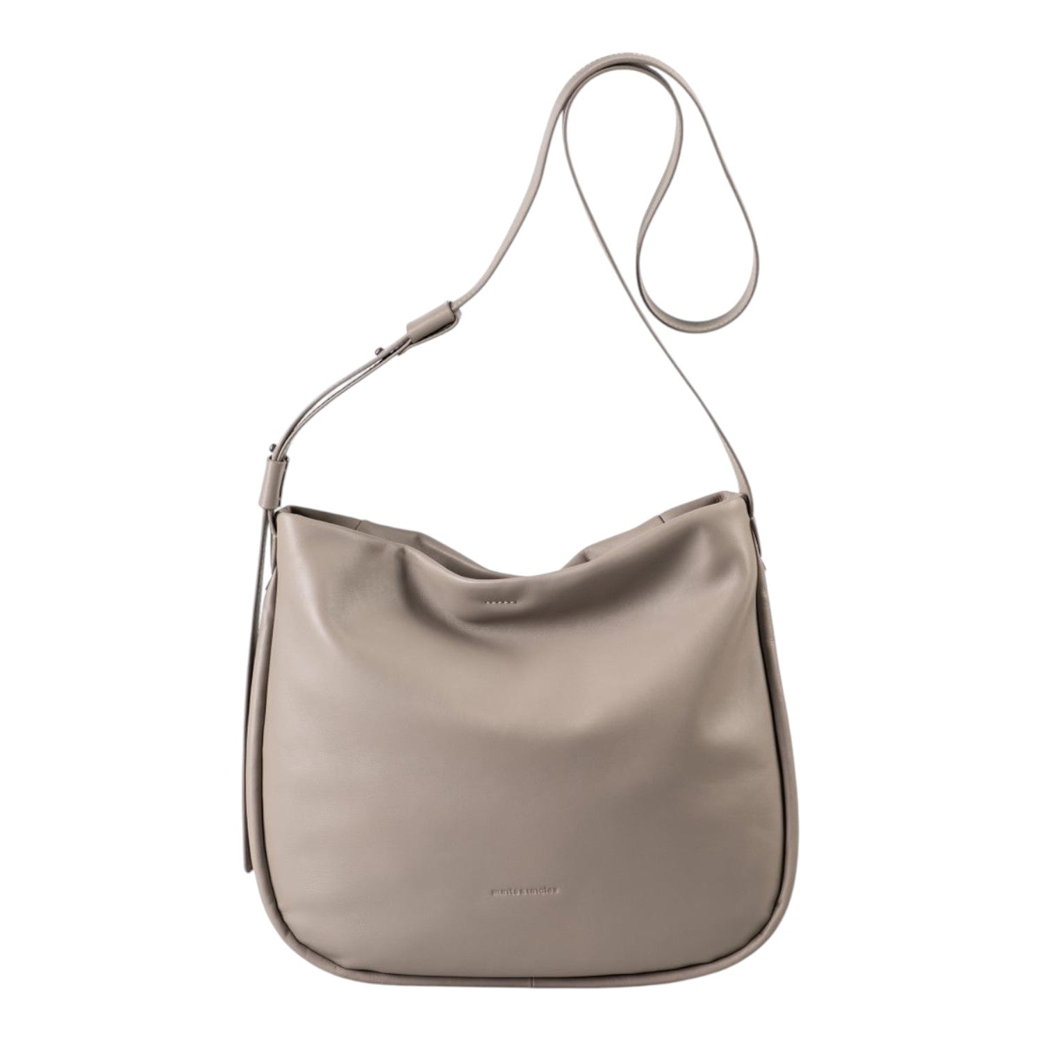 Lieblingstasche Coral taupe leather hobo shoulder bag with an adjustable strap against a white background