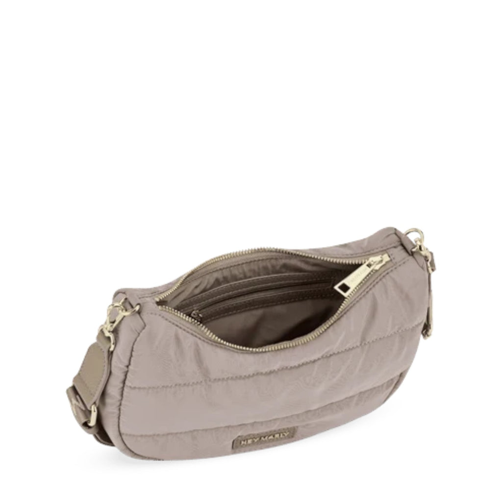 Lieblingstasche Lifetime Buddy S taupe quilted nylon shoulder bag with gold zipper hardware