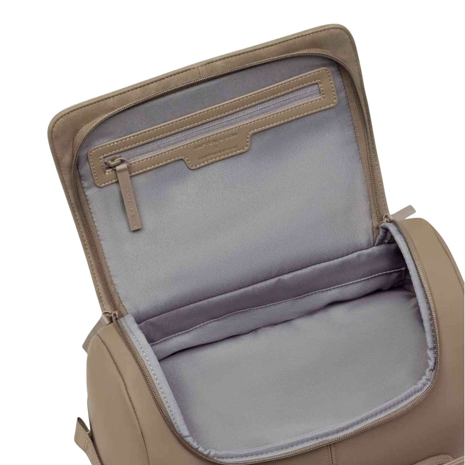 Lieblingstasche Bali Pro taupe suede backpack interior with zippered pocket and padded laptop sleeve.