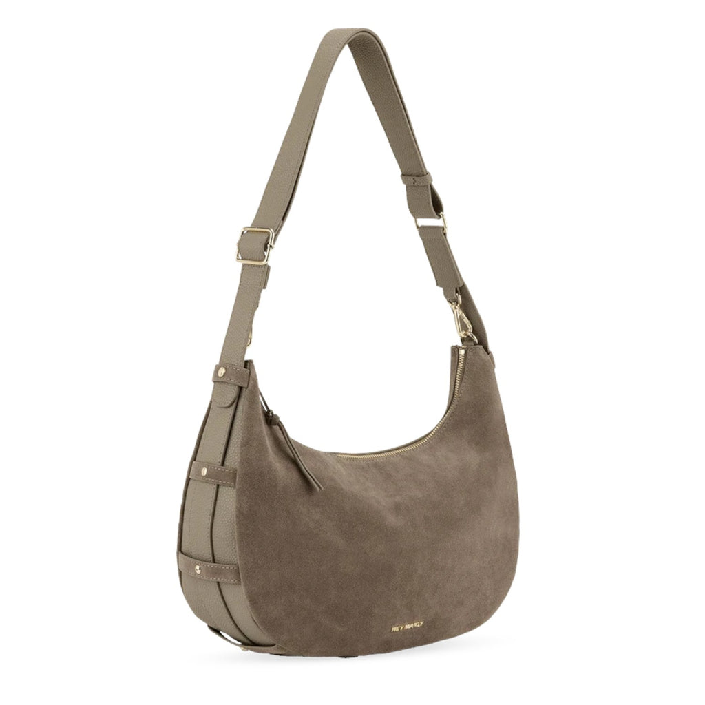 Lieblingstasche Lifetime Sister Suede M hobo bag in taupe suede with adjustable shoulder strap and gold hardware