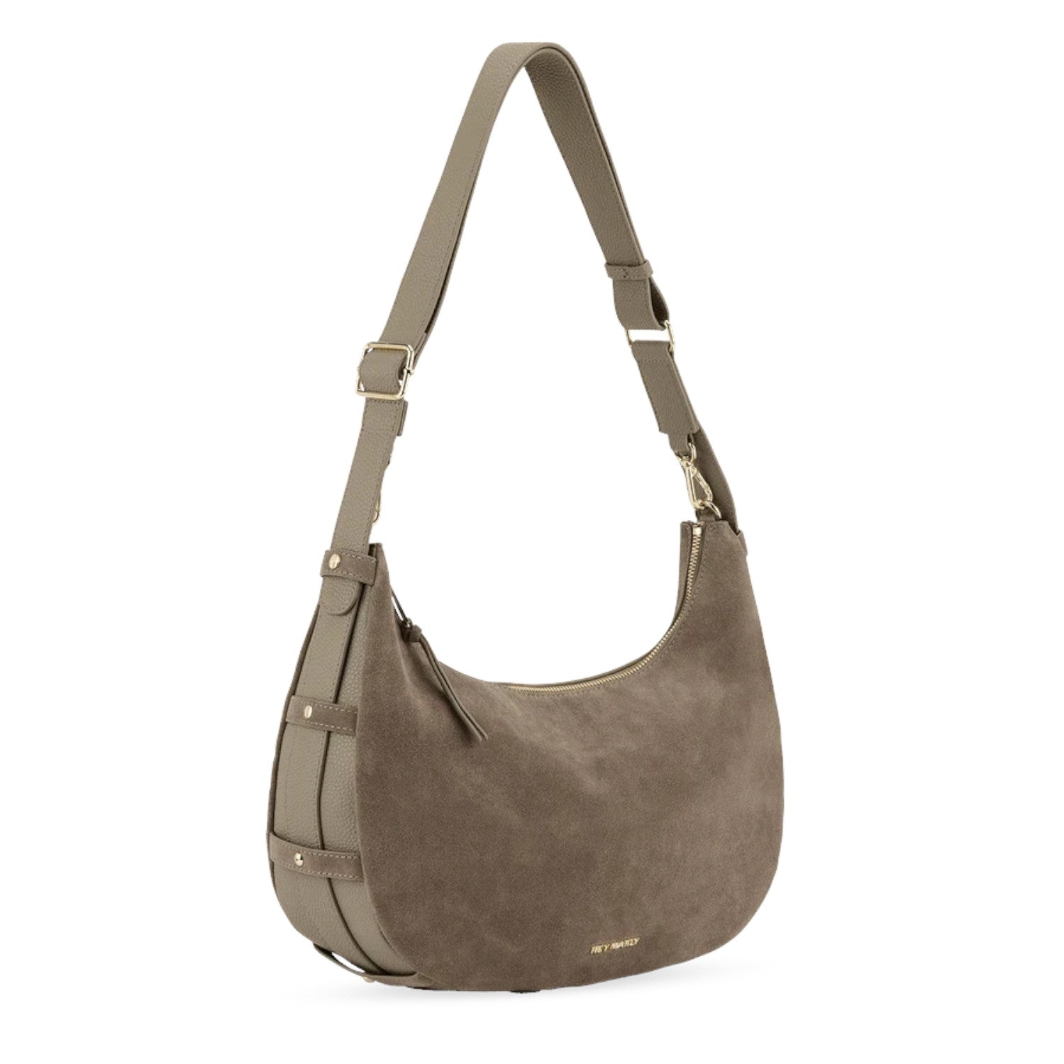 Lieblingstasche Lifetime Sister Suede M hobo bag in taupe suede with adjustable shoulder strap and gold hardware