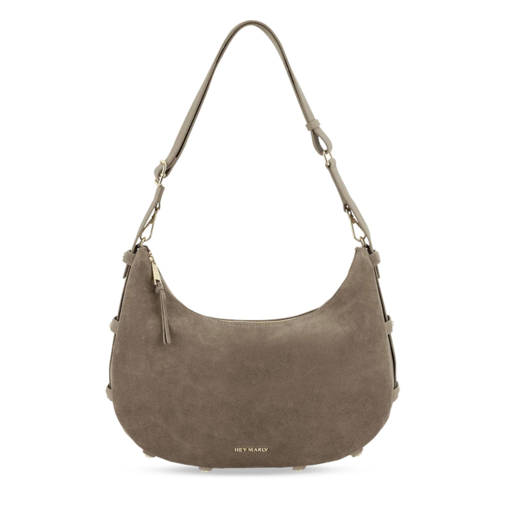 Lieblingstasche Lifetime Sister suede hobo bag in taupe with an adjustable shoulder strap and gold hardware