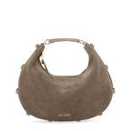 Lieblingstasche Lifetime Sister suede hobo bag in taupe with gold hardware and a crescent-shaped silhouette.