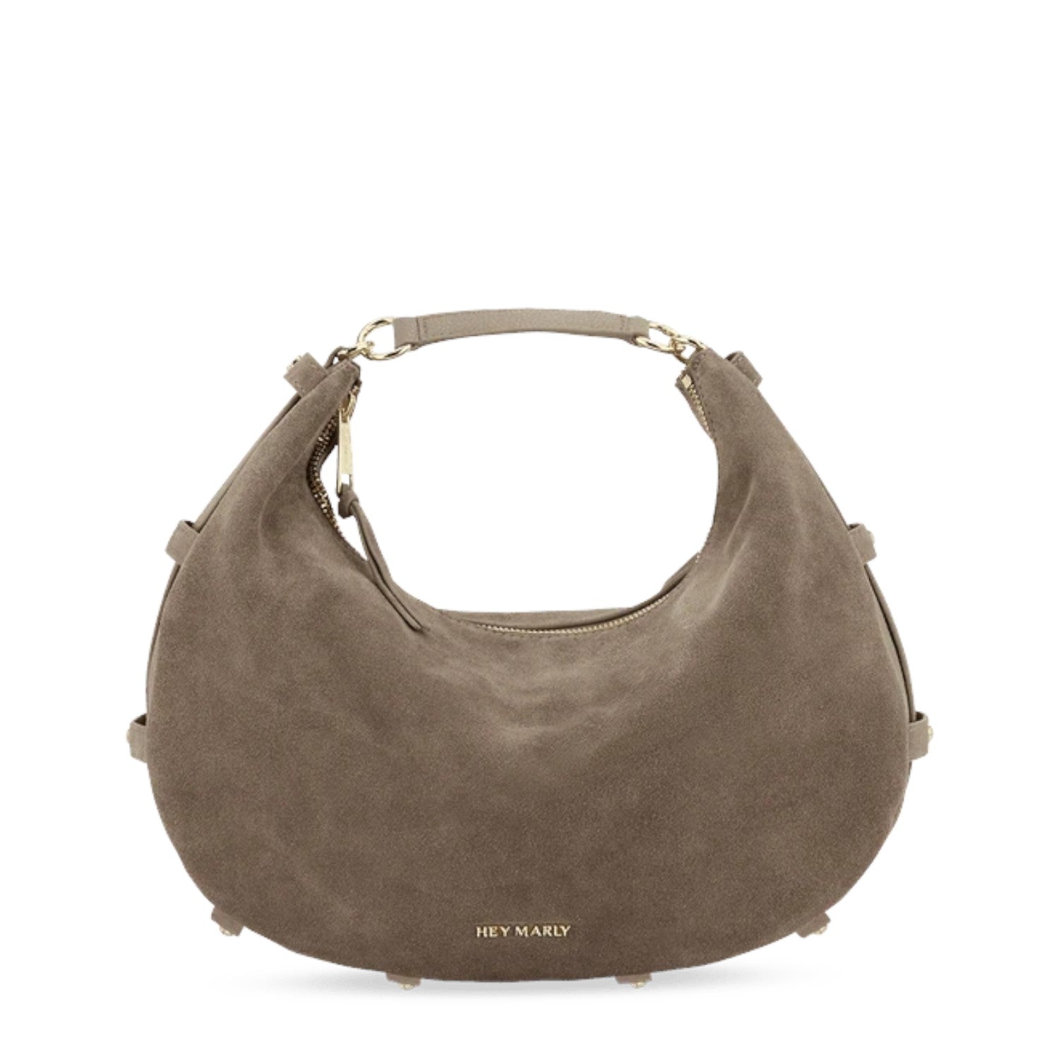 Lieblingstasche Lifetime Sister suede hobo bag in taupe with gold hardware and a crescent-shaped silhouette.