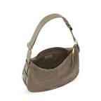 Lieblingstasche Lifetime Sister suede shoulder bag in taupe with gold hardware and open zipper top