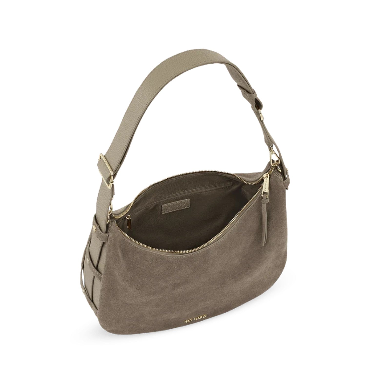 Lieblingstasche Lifetime Sister suede shoulder bag in taupe with gold hardware and open zipper top