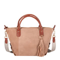 Lieblingstasche Sofia M taupe suede tote bag with brown snake-print trim and tassel detail.