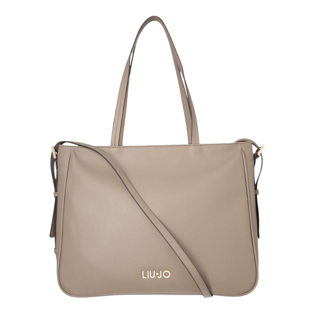 Lieblingstasche Tote L in taupe faux leather with gold logo hardware, featuring dual handles and shoulder strap.