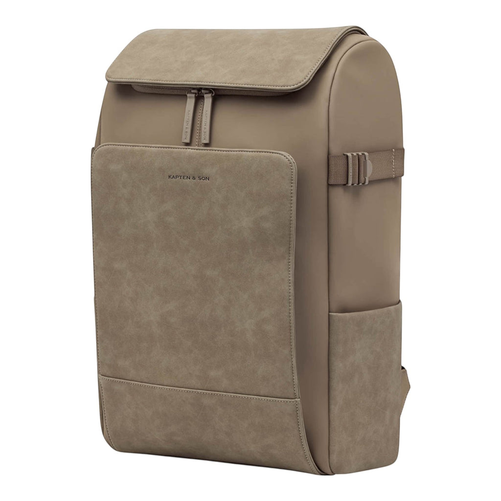 Lieblingstasche Bali Pro taupe vegan leather backpack with front zip pocket and side pockets.