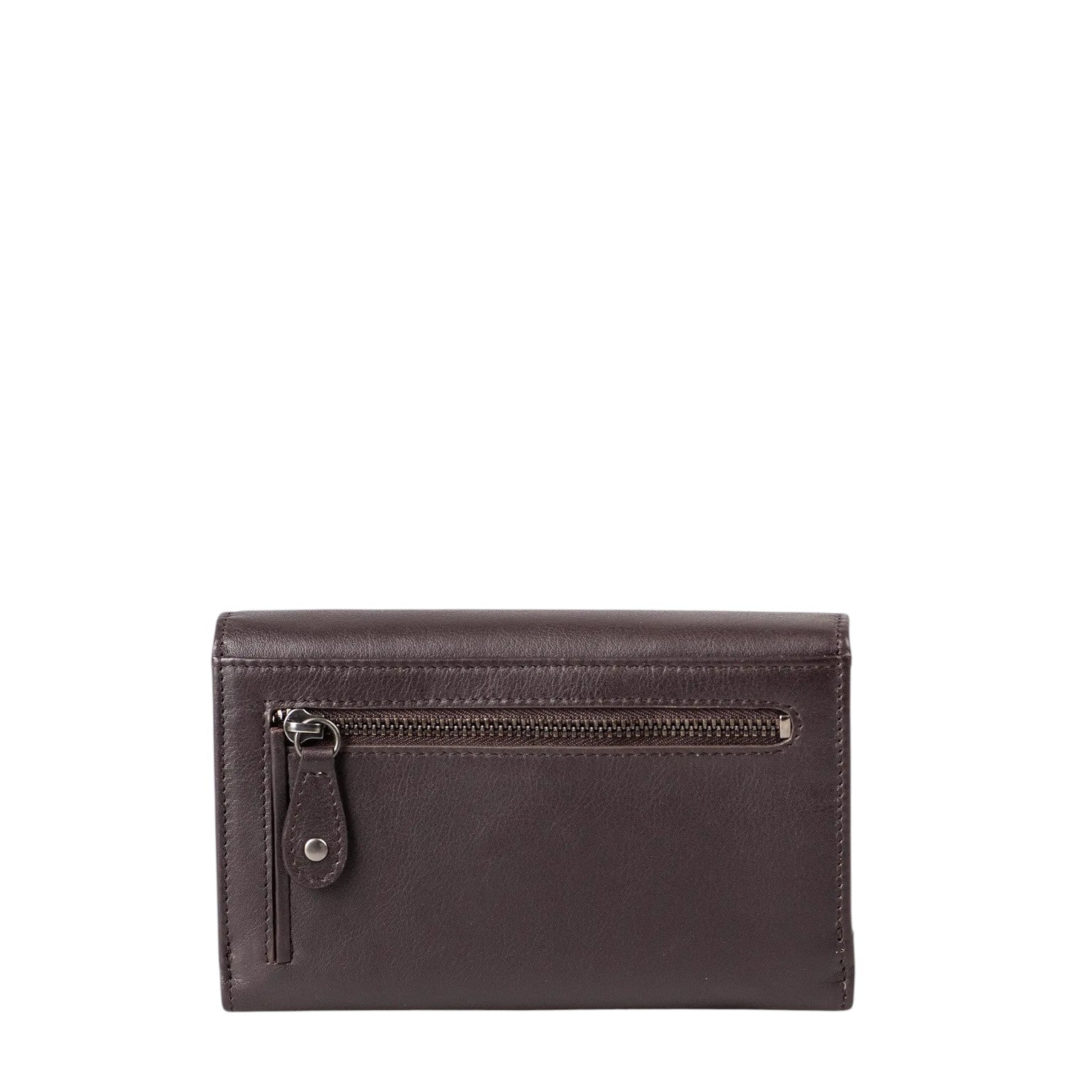 Lieblingstasche Thyme dark brown leather wallet with a back exterior zipper pocket and snap button detail.