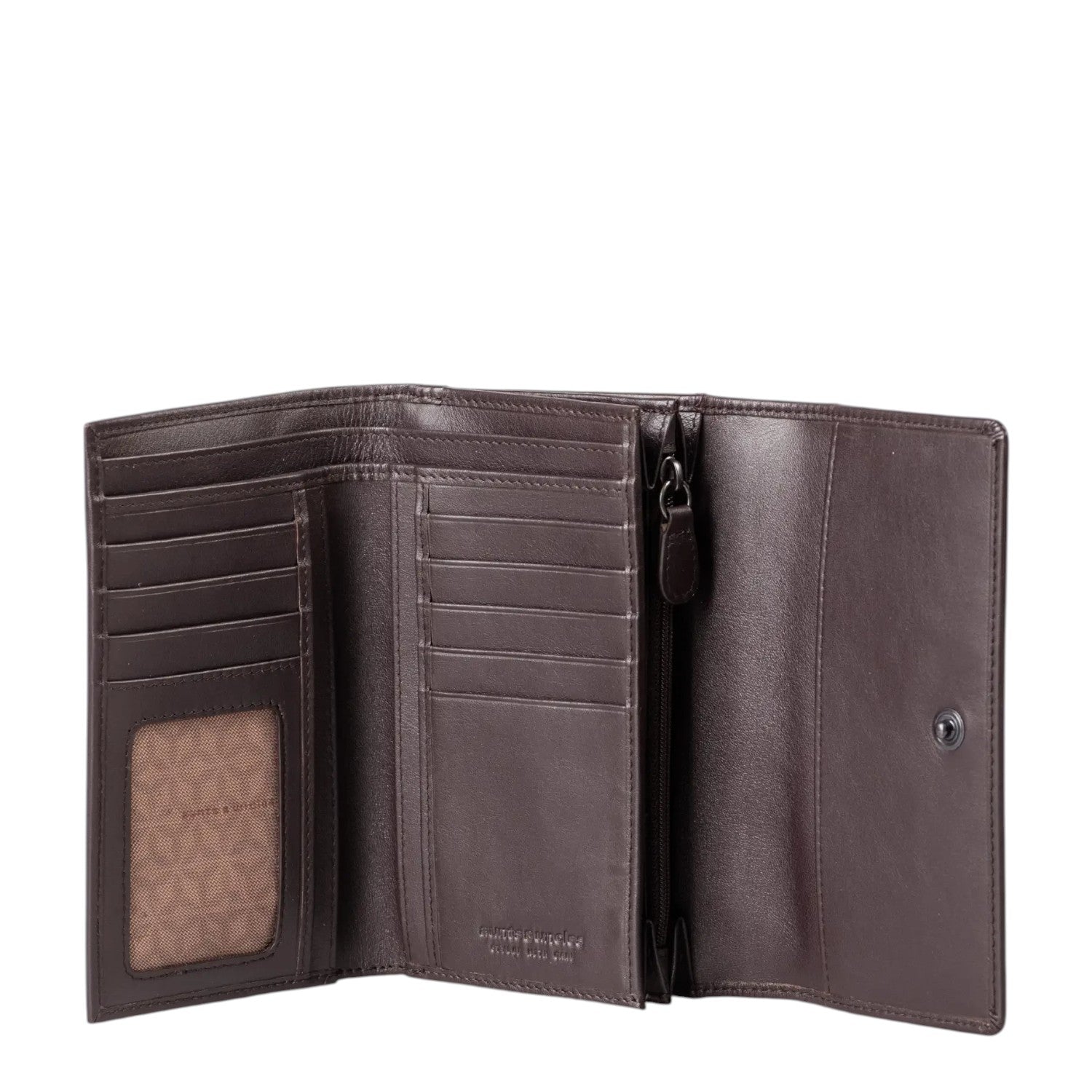 Lieblingstasche Thyme dark brown leather wallet opened to show card slots, ID window, and zippered coin compartment.