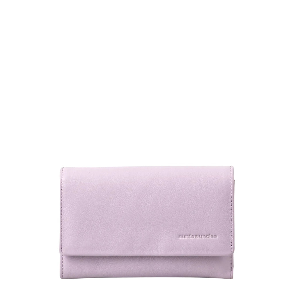 Lieblingstasche Thyme wallet in soft pastel lilac leather with a flap closure and embossed logo