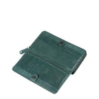 Lieblingstasche Tilda wallet in dark green leather, open view showing card slots and RFID protection.
