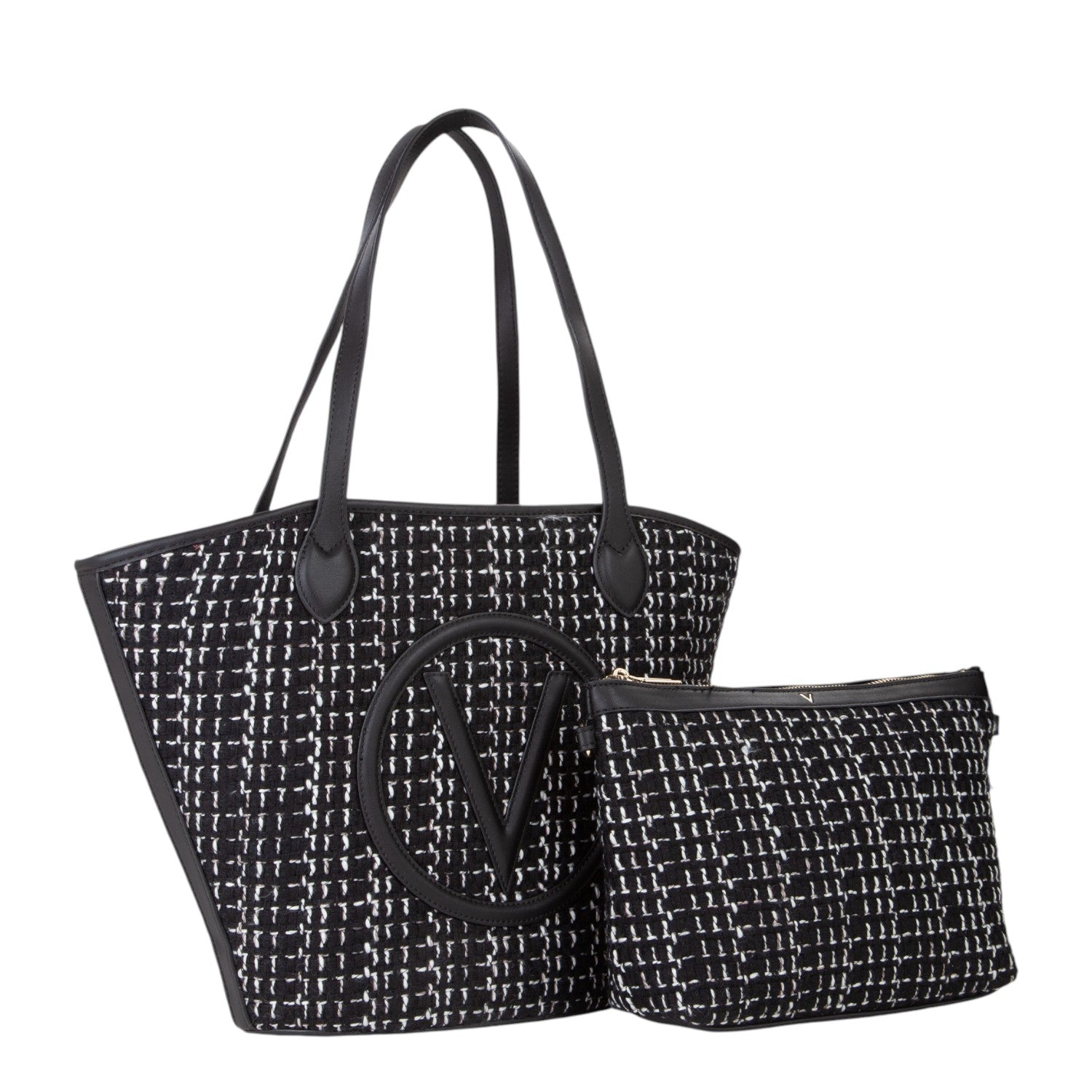 Lieblingstasche black and white tweed tote bag with matching pouch and V logo detail