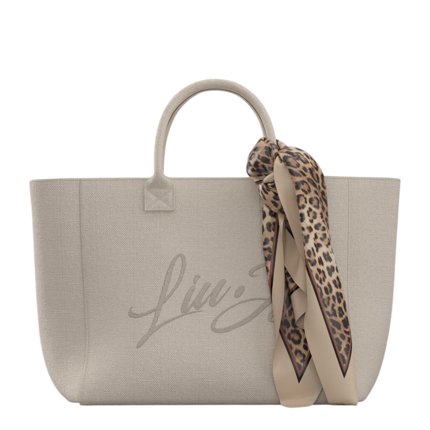 Lieblingstasche Tote L beige canvas bag with embroidered logo and leopard print scarf accessory