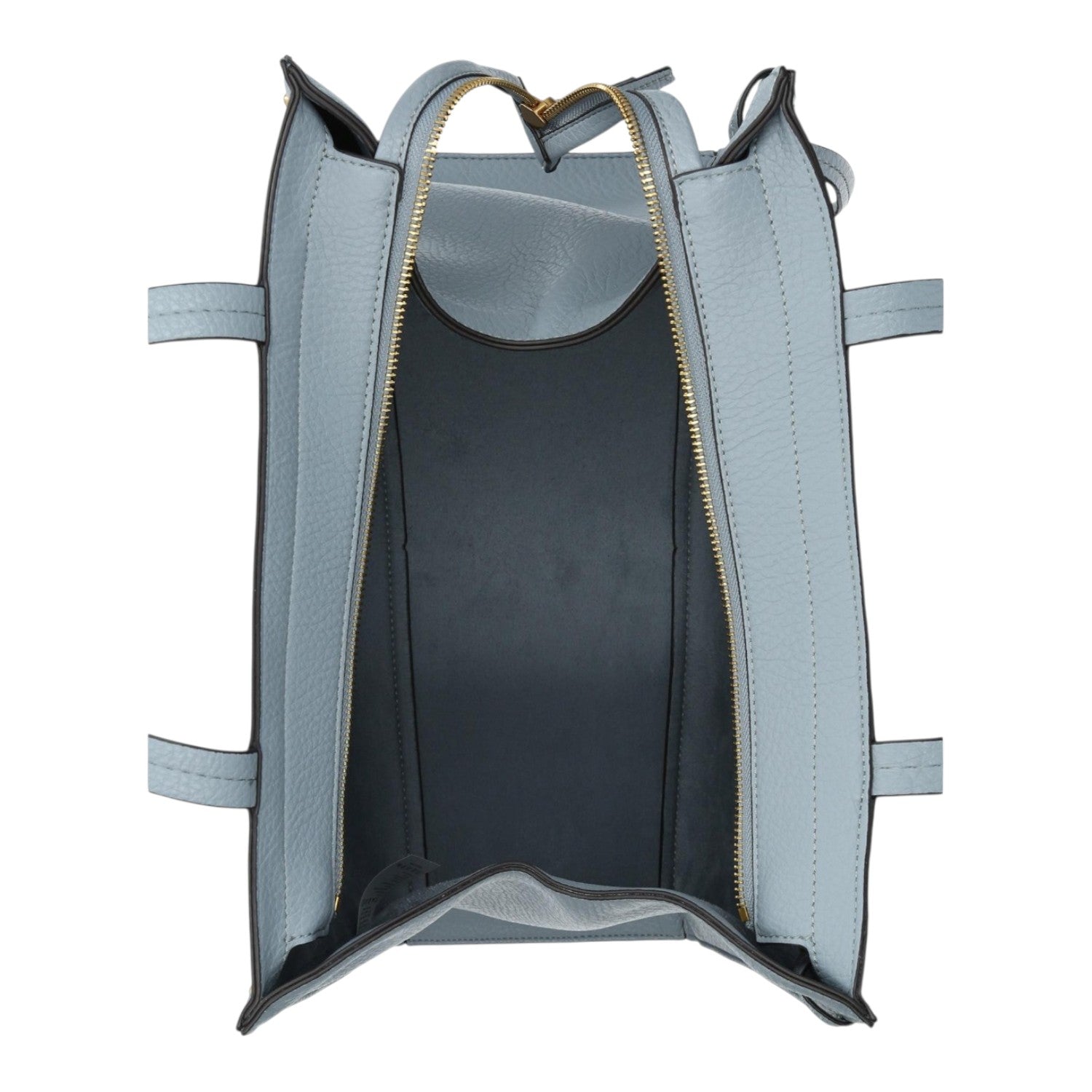 Lieblingstasche Tote L in light blue grained leather with a gold-toned zipper and open top interior view