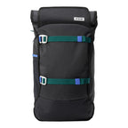 Lieblingstasche Trip Pack black backpack with green and blue strap accents and roll-top closure