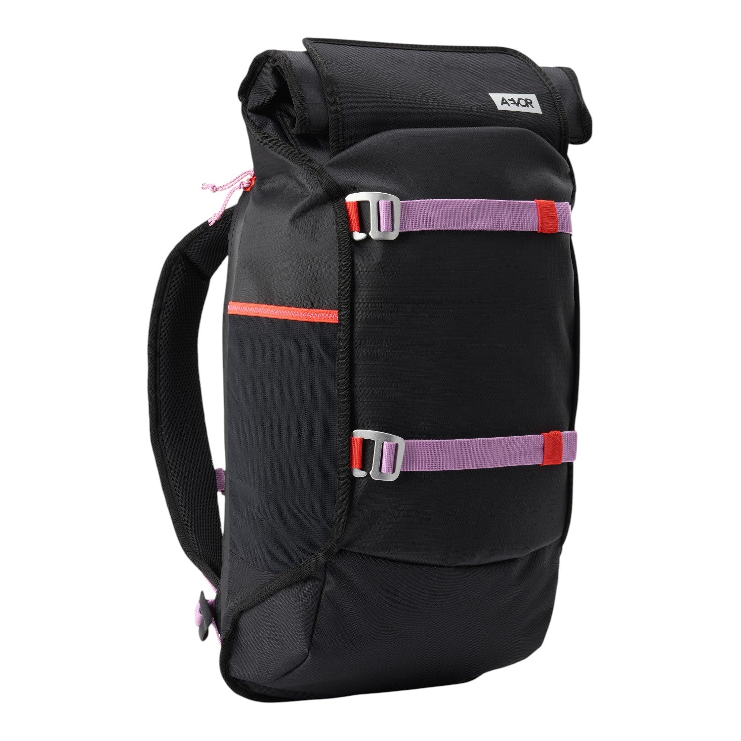 Lieblingstasche Trip Pack black roll-top backpack with purple straps and pink accents on a white background