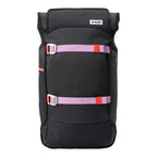 Lieblingstasche Trip Pack black backpack with roll-top closure and contrasting purple and orange strap details.