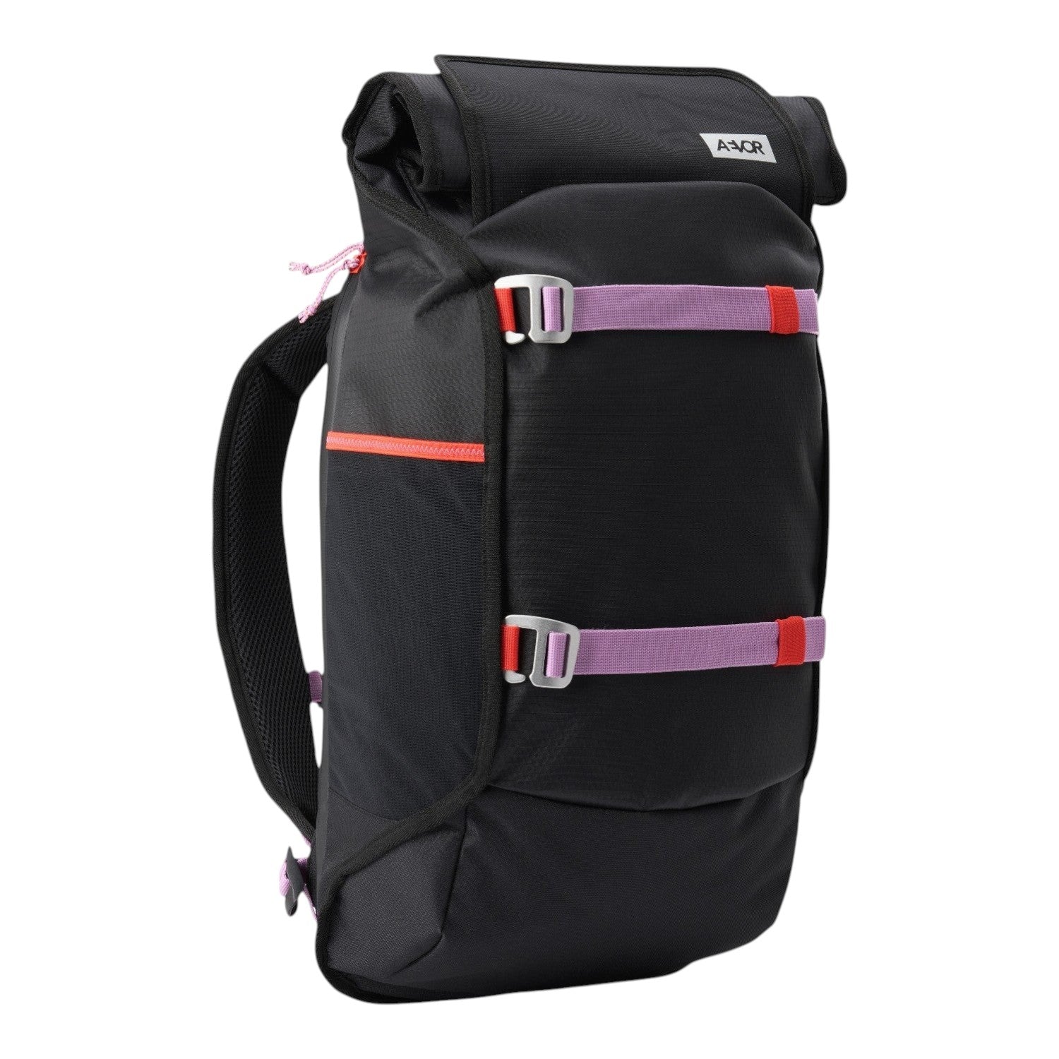 Lieblingstasche Trip Pack black roll-top backpack with purple straps and pink accents on a white background