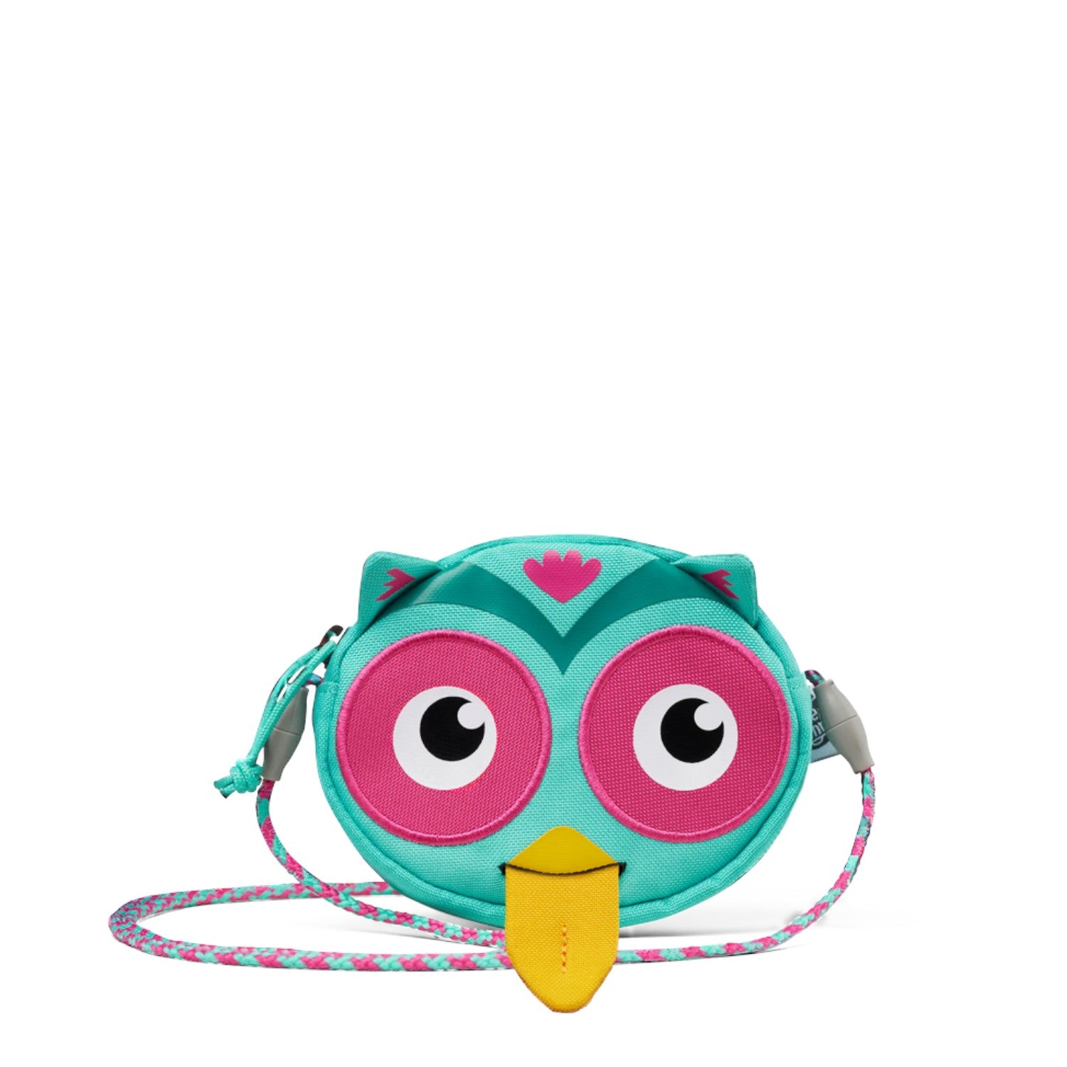 Lieblingstasche turquoise owl-shaped children's purse with pink eyes and a yellow tongue, featuring a patterned cord strap.
