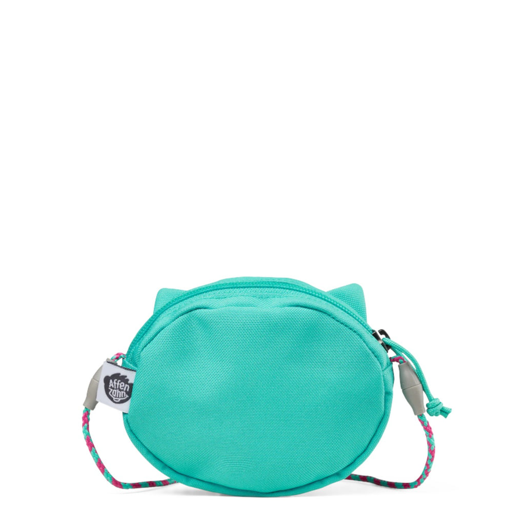Lieblingstasche turquoise round children's wallet with cat ears and a colorful braided neck strap.