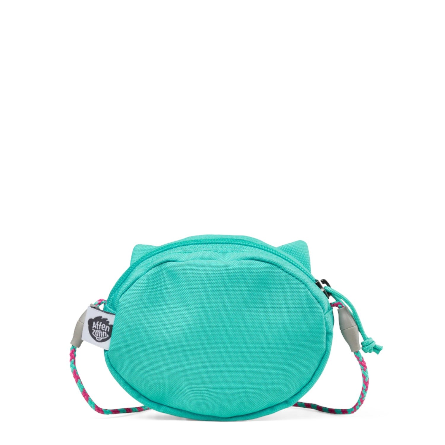 Lieblingstasche turquoise round children's wallet with cat ears and a colorful braided neck strap.