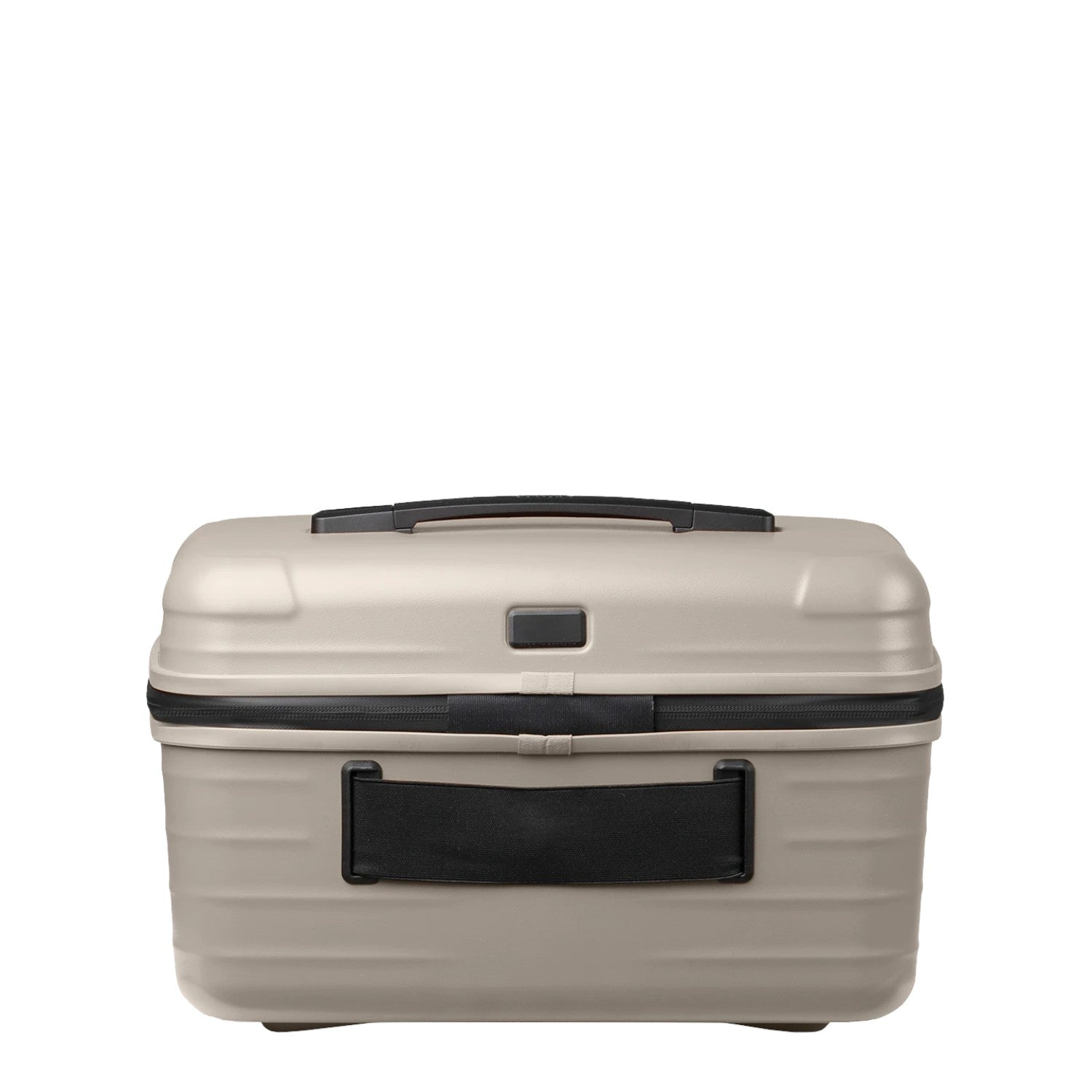 Lieblingstasche UPGRADE beautycase in a neutral beige hard-shell design with a black handle and zipper detail.