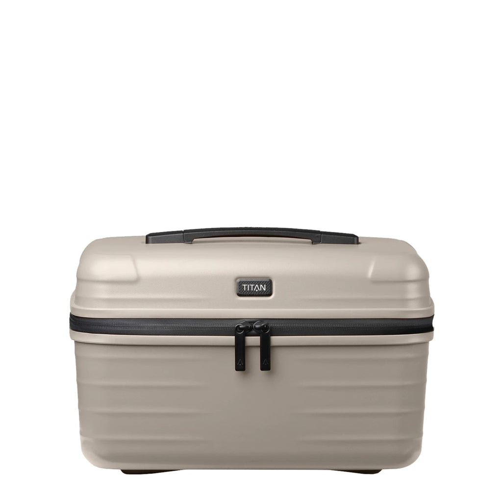Lieblingstasche UPGRADE beautycase in beige with a durable hard shell, black zipper, and top carry handle.