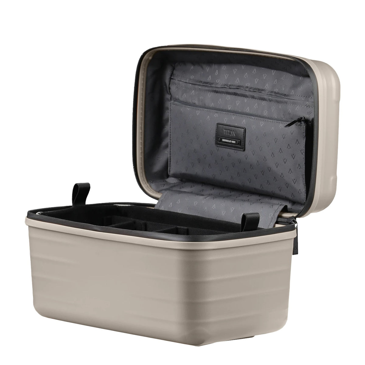 Lieblingstasche UPGRADE beautycase in beige with a hard shell, open lid, and organized interior compartments.